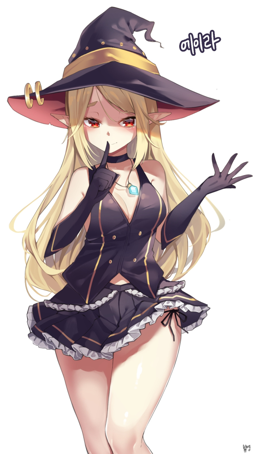 1girl, bangs, black_gloves, black_headwear, black_shirt, black_skirt, blonde_hair, breasts