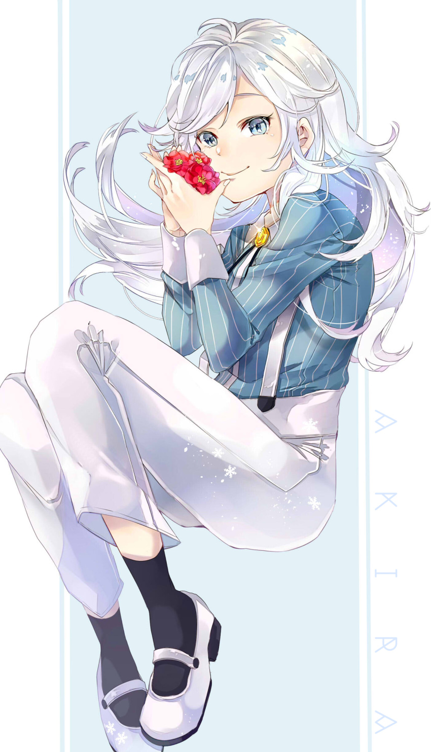 1boy, absurdres, blue_eyes, blue_shirt, closed_mouth, flower, full_body, highres