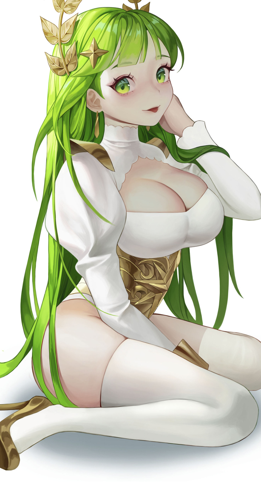 1girl, absurdres, afk_arena, breasts, commentary, flora_(afk_arena), green_eyes, green_hair