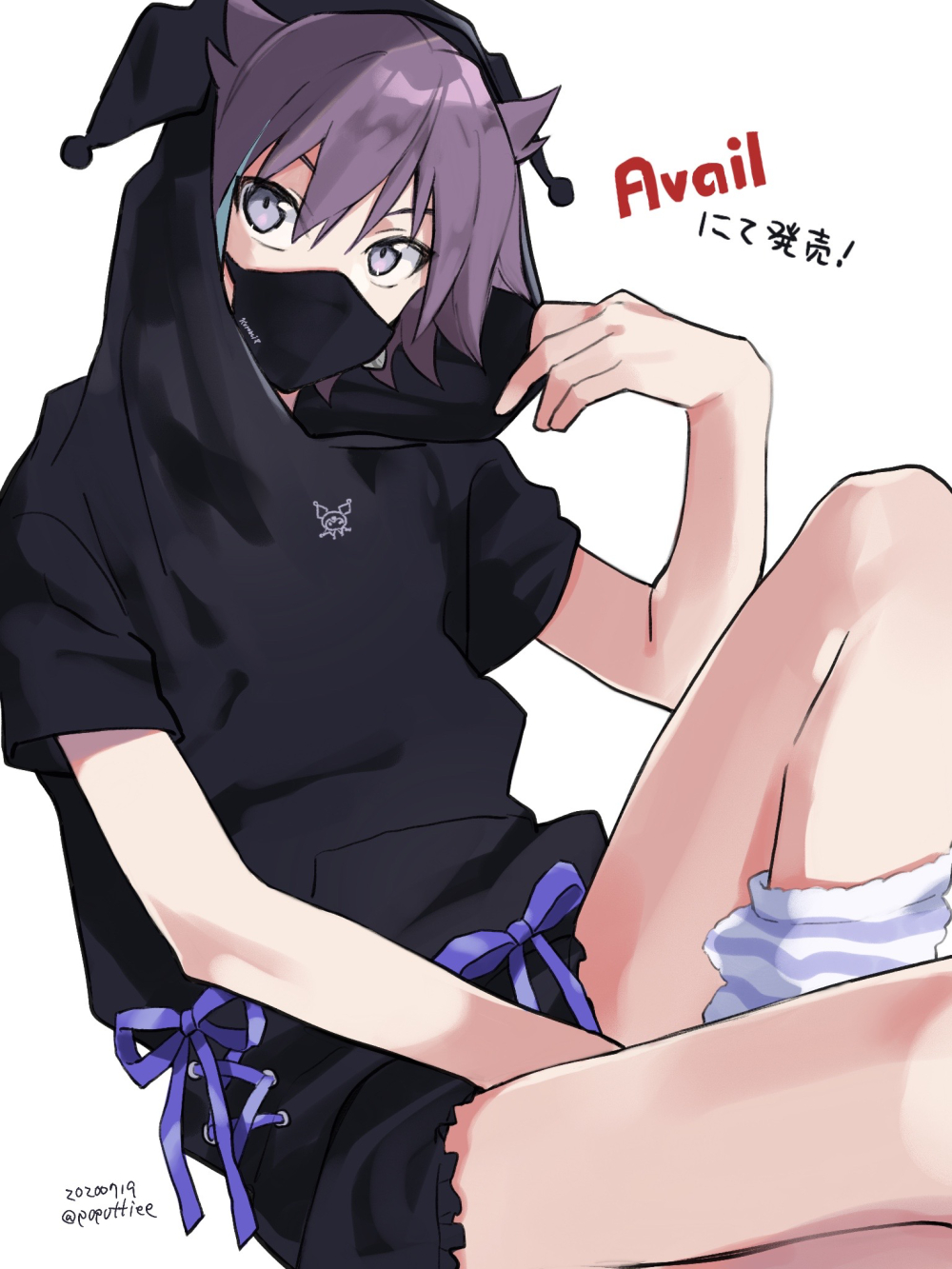 1boy, bare_arms, bare_legs, black_hoodie, black_mask, black_shorts, bow, commentary_request, covered_mouth, dated, english_text, grey_eyes, hand_up, highres, hiiragi_jun, hood, hood_up, hoodie, knee_up, kuromi, looking_at_viewer, loose_socks, male_focus, mask, mouth_mask, multicolored_hair, onegai_my_melody, potti-p, purple_bow, purple_hair, purple_legwear, short_hair, short_sleeves, shorts, simple_background, sitting, solo, streaked_hair, striped, striped_legwear, translation_request, twitter_username, white_background, white_legwear