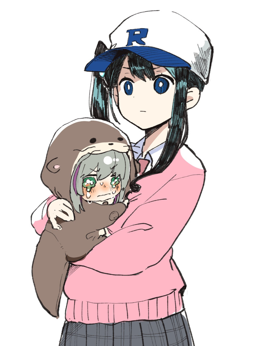 2girls, baseball_cap, black_hair, blue_eyes, blush, bright_pupils, cardigan, collared_shirt