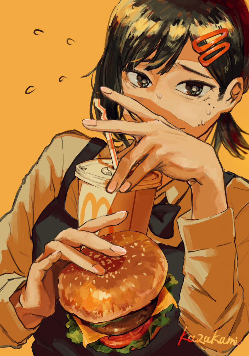 1girl, apron, artist_name, black_eyes, burger, chainsaw_man, covering_face, cup, disposable_cup, drinking_straw, food, higashiyama_kobeni, highres, holding, holding_food, kazakami_suito, lettuce, looking_at_viewer, mcdonald's, mole, mole_under_eye, multiple_moles, nervous, sliced_cheese, solo, sweatdrop, tomato, waitress, yellow_background