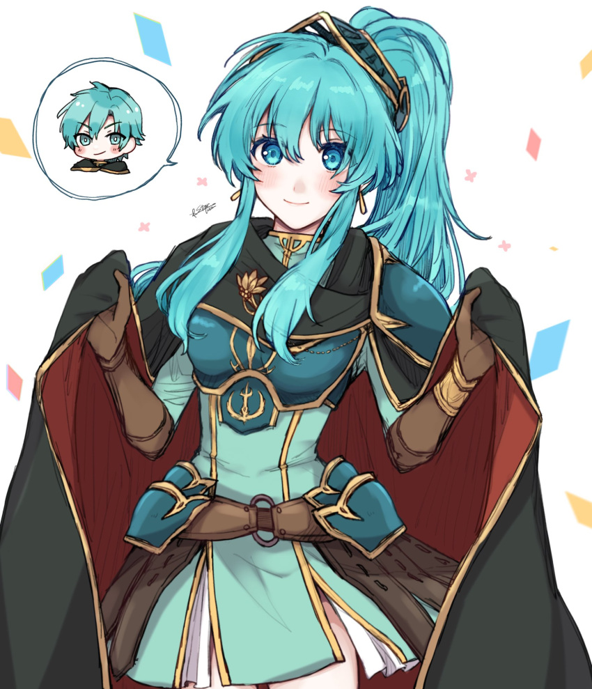1boy, 1girl, alternate_costume, alternate_hairstyle, aqua_eyes, aqua_hair, armor, bangs
