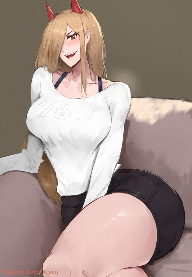 1girl, black_shorts, blush, breasts, chainsaw_man, collarbone, couple, crossed_legs