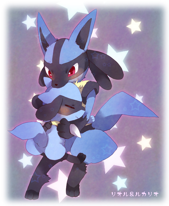 blush, chin_rest, closed_eyes, fur, head_rest, hug, lucario, moka-momaka, nintendo, no_humans, pokemon, pokemon_(creature), riolu, star