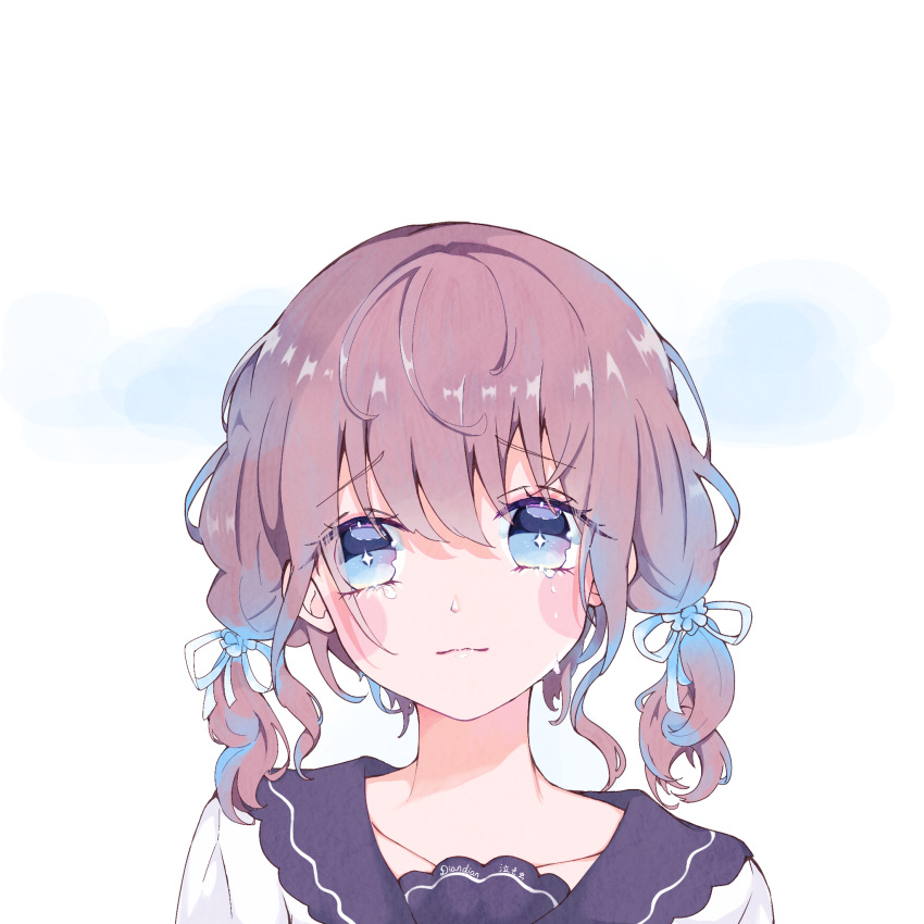 1girl, artist_name, bangs, blue_background, blue_eyes, blue_hair, blush_stickers, brown_hair, closed_mouth, collarbone, commentary_request, crying, crying_with_eyes_open, diandian, eyebrows_visible_through_hair, highres, light_smile, looking_at_viewer, multicolored_hair, original, solo, sparkling_eyes, streaked_hair, tears, twintails, upper_body, white_background