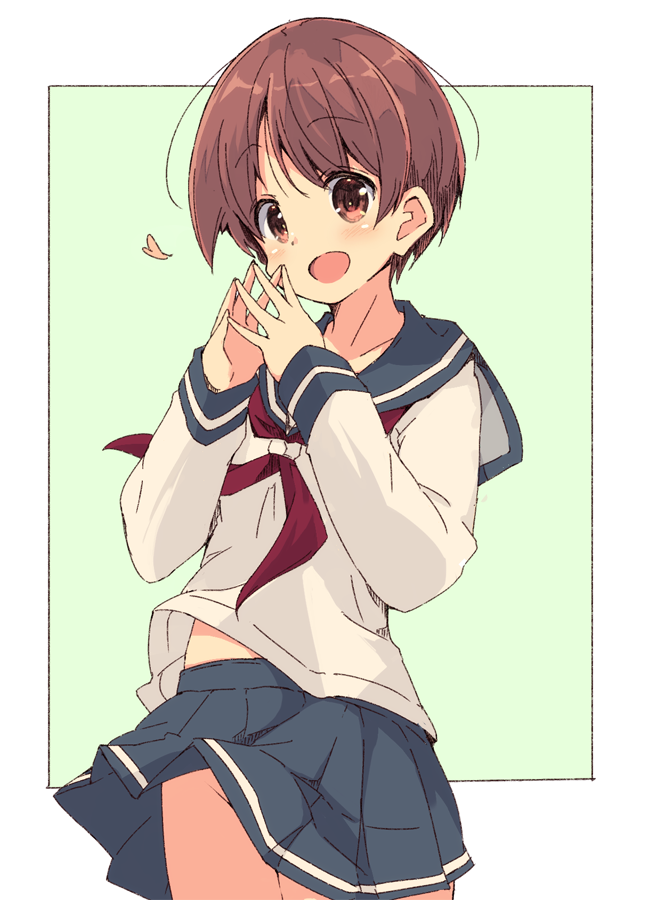 1girl, bangs, blouse, blue_sailor_collar, blue_skirt, border, brown_hair, commentary