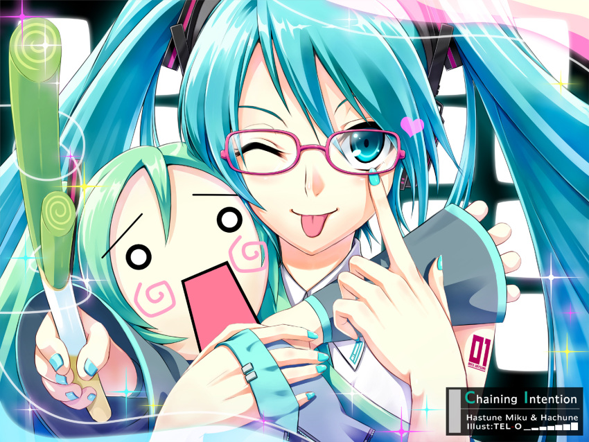 :p, aqua_eyes, aqua_hair, chaining_intention_(vocaloid), glasses, hachune_miku, hatsune_miku, highres, spring_onion, tel-o, teruo, tongue, twintails, vocaloid, vocaloid_(lat-type_ver)