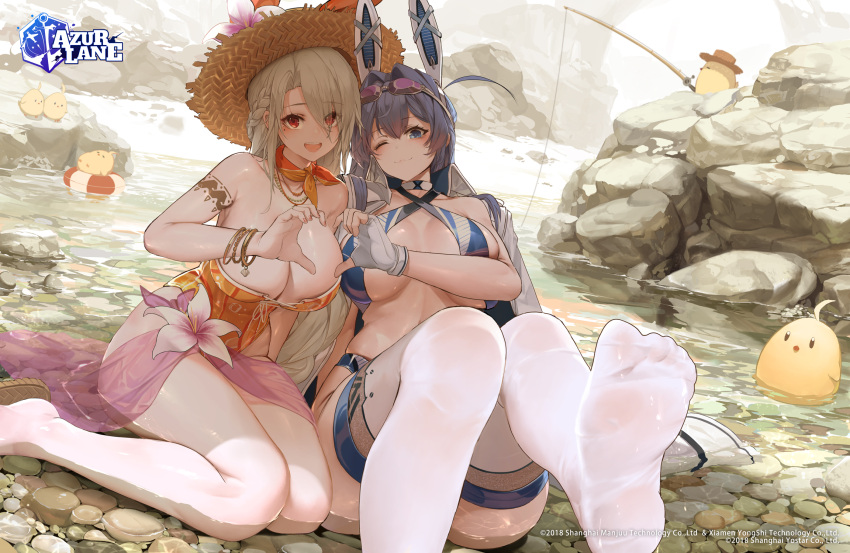 2girls, animal_ears, azur_lane, beach, blue_eyes, blue_hair, blush, braid