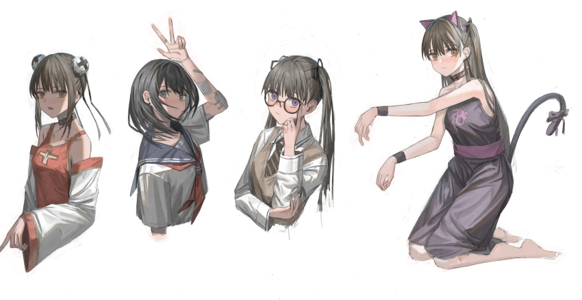 4girls, absurdres, adjusting_eyewear, animal_ears, bandaged_arm, bandages, bangs, black_choker
