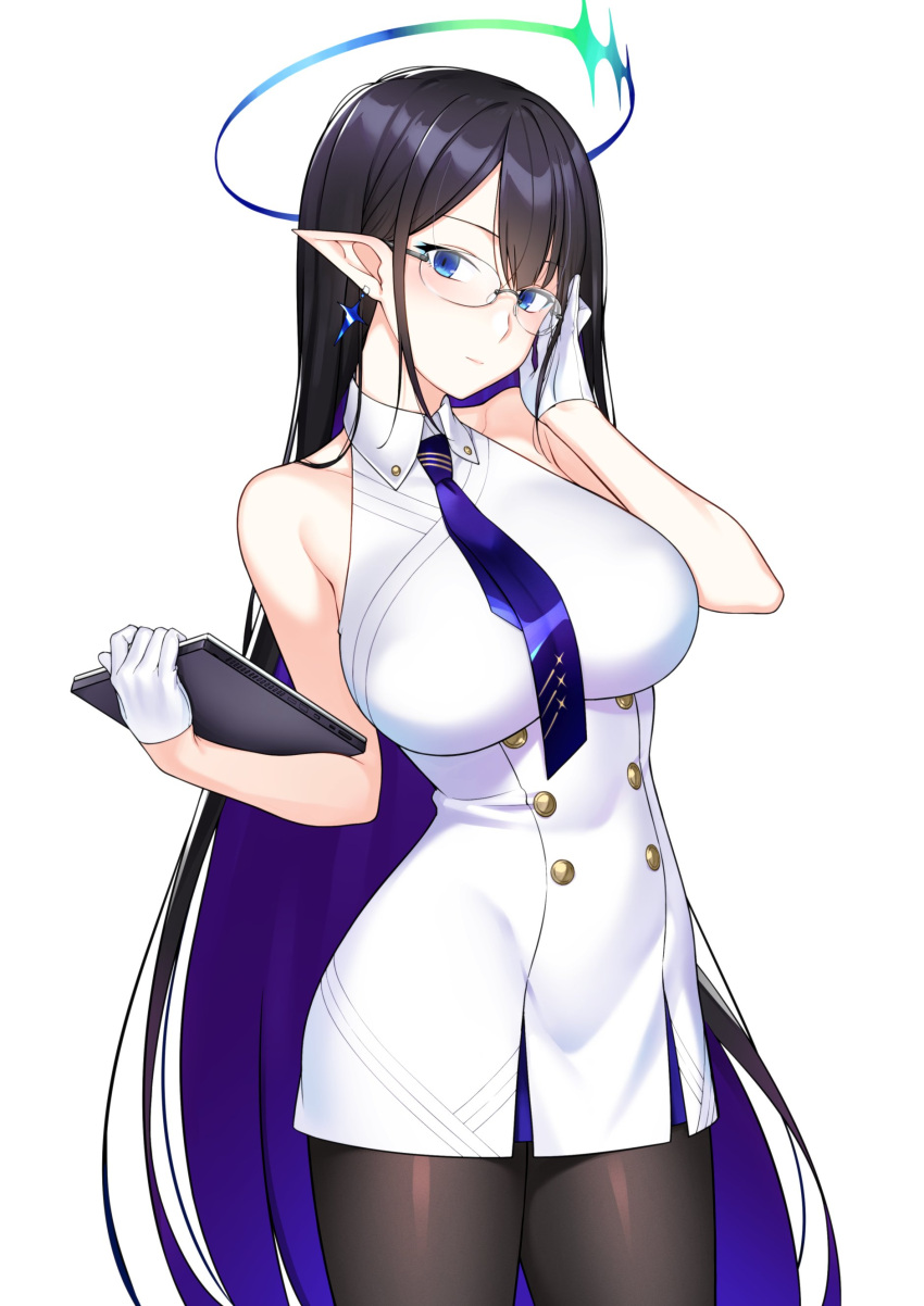 1girl, absurdres, bangs, black_hair, black_legwear, blue_archive, blue_eyes, blue_neckwear