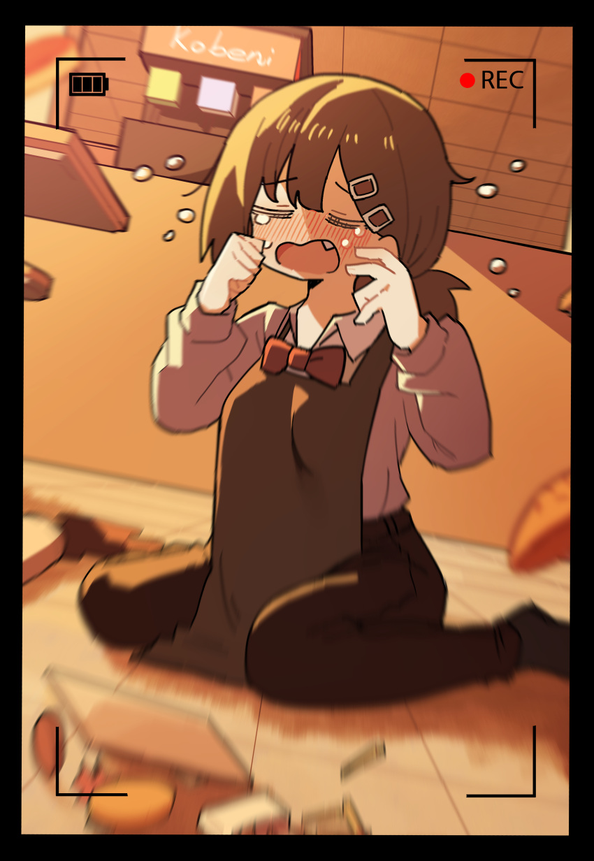 1girl, absurdres, apron, battery_indicator, black_border, black_hair, black_pants, blur
