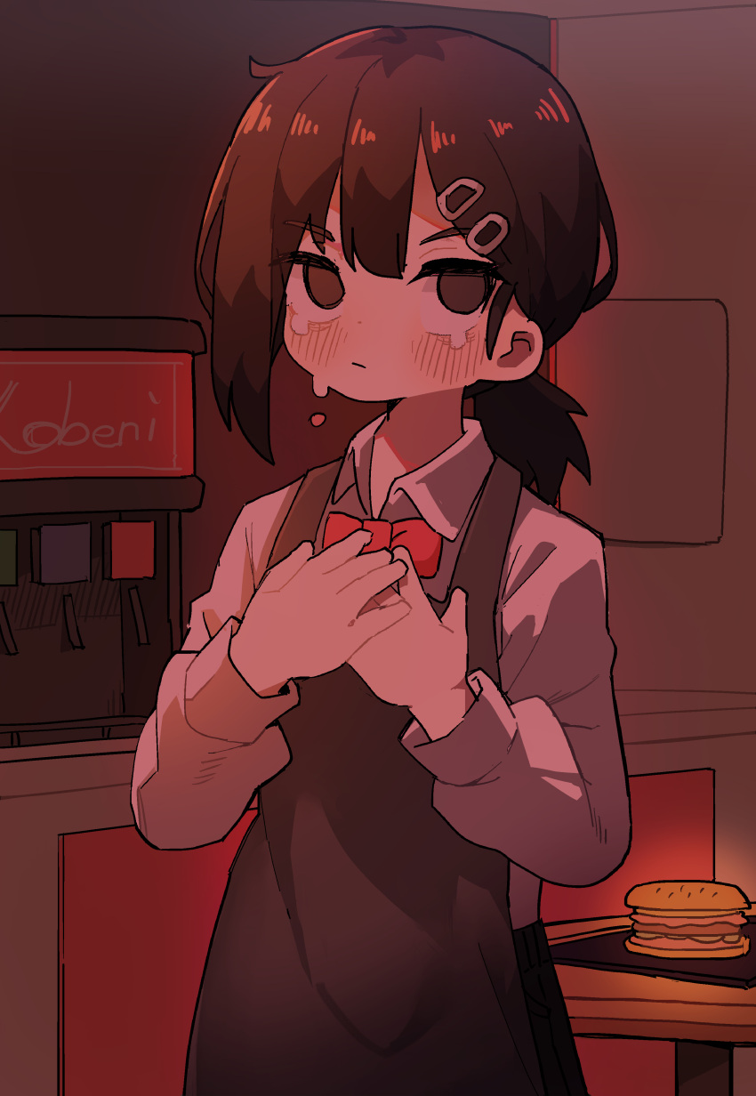 1girl, absurdres, apron, black_eyes, black_hair, black_pants, blush, bow, bowtie, burger, chainsaw_man, collared_shirt, crying, drinking_fountain, eyebrows_visible_through_hair, food, hair_ornament, hairpin, hands_on_own_chest, hands_together, higashiyama_kobeni, highres, indoors, ix, long_sleeves, looking_at_viewer, pants, red_neckwear, restaurant, shirt, shirt_tucked_in, short_hair, soda, solo, tears, tied_hair, waitress, white_shirt
