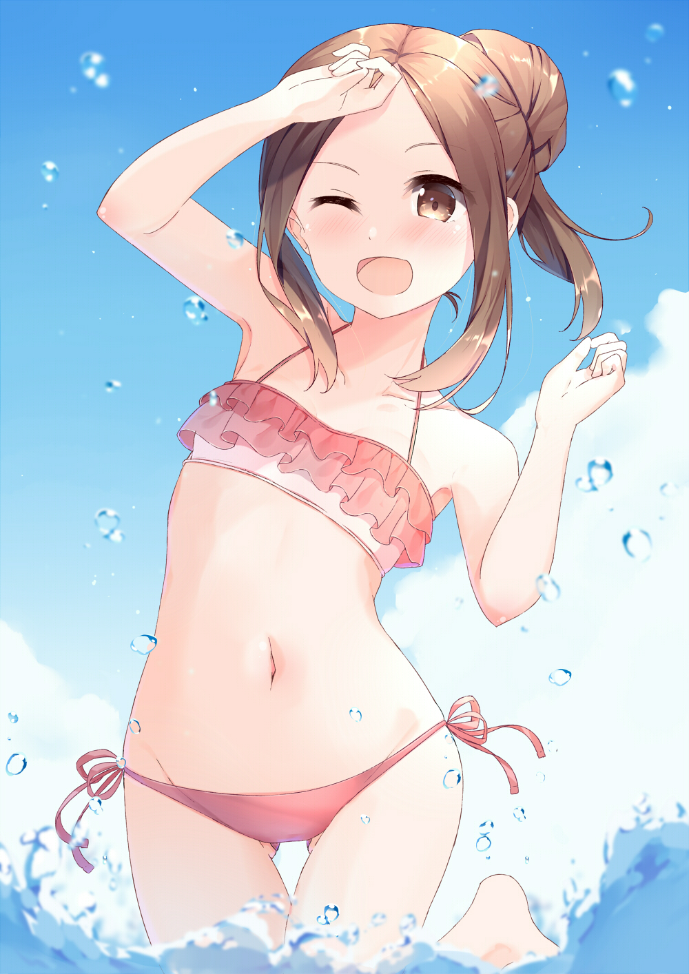 1girl, :d, alternate_hairstyle, ass_visible_through_thighs, bikini, blue_sky, brown_eyes, brown_hair