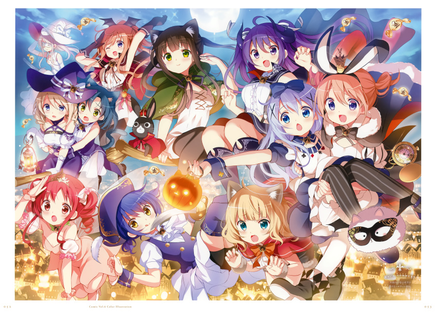 6+girls, :d, absurdres, animal_ear_fluff, animal_ears, animal_on_head, anko_(gochiusa), aoyama_blue_mountain, arm_up, artist_name, bike_shorts, black_footwear, black_gloves, black_hairband, black_legwear, black_neckwear, black_shorts, blonde_hair, blue_eyes, blue_hair, blue_legwear, blue_skirt, blue_vest, boots, bow, broom, broom_riding, brown_hair, bunny_on_head, cape, capelet, carrying, cat_ears, cat_tail, collarbone, crown, detached_sleeves, dress, dress_shirt, elbow_gloves, fake_animal_ears, fang, floating_hair, full_moon, gloves, gochuumon_wa_usagi_desu_ka?, green_capelet, green_eyes, hair_bow, hair_ornament, hairband, halloween, halloween_costume, hat, hat_bow, hat_feather, high_ponytail, highres, holding, holding_lantern, horns, hoto_cocoa, hoto_mocha, huge_filesize, jouga_maya, kafuu_chino, kafuu_saki, kemonomimi_mode, kirima_sharo, knee_boots, koi_(koisan), lantern, light_brown_hair, long_hair, long_sleeves, mask, medium_hair, mini_crown, miniskirt, moon, multiple_girls, natsu_megumi, official_art, on_head, open_mouth, page_number, pantyhose, pink_dress, princess_carry, purple_hair, purple_headwear, rabbit, rabbit_ears, red_cape, red_eyes, redhead, shirt, short_dress, short_shorts, shorts, shorts_under_skirt, silver_hair, skin_fang, skirt, sleeveless, sleeveless_dress, sleeveless_shirt, smile, strapless, strapless_dress, striped, striped_legwear, tail, tedeza_rize, thigh-highs, tied_hair, tippy_(gochiusa), ujimatsu_chiya, vertical-striped_legwear, vertical_stripes, very_long_hair, vest, violet_eyes, white_bow, white_dress, white_feathers, white_gloves, white_headwear, white_shirt, white_skirt, white_sleeves, witch_hat, x_hair_ornament, yellow_eyes, zettai_ryouiki
