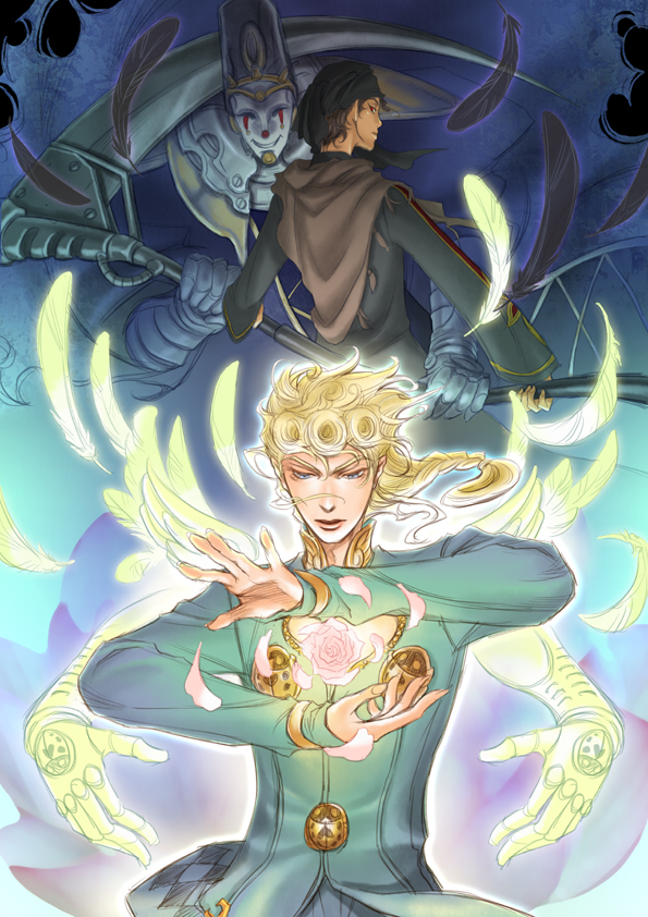 black_hair, blonde_hair, blue_eyes, braid, dark_skin, death_13, feathers, flower, giorno_giovanna, gold_experience, jojo_no_kimyou_na_bouken, k-zaki, male, mannish_boy, petals, ponytail, red_eyes, scythe, stand_(jojo), turban