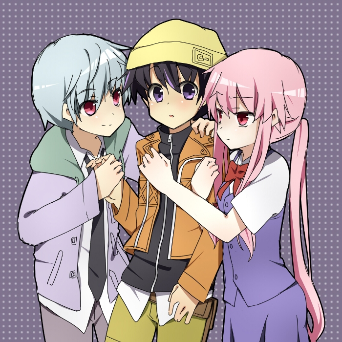 amano_yukiteru, bad_id, beanie, black_hair, bow, gasai_yuno, hat, hetero