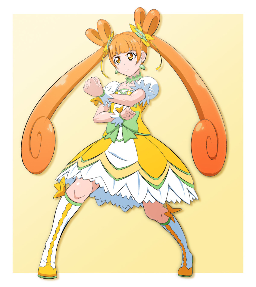 1girl, aqua_flower, bangs, blunt_bangs, boots, border, brown_eyes, brown_hair, choker, clenched_hands, closed_mouth, clover_earrings, collarbone, cure_rosetta, dokidoki!_precure, dress, floating_hair, flower, frown, fuchi_(nightmare), full_body, green_choker, hair_flower, hair_ornament, hair_ribbon, highres, knee_boots, long_hair, medium_dress, multicolored, multicolored_clothes, multicolored_dress, outside_border, precure, ribbon, shiny, shiny_hair, short_sleeves, solo, stance, standing, twintails, v-shaped_eyebrows, very_long_hair, white_border, white_dress, white_footwear, white_sleeves, wrist_cuffs, yellow_background, yellow_dress, yellow_ribbon