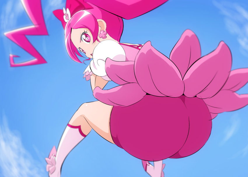 1girl, bangs, bike_shorts, blue_sky, boots, bow, clothes_lift, cure_blossom, earrings, from_behind, from_below, fuchi_(nightmare), hair_bow, heartcatch_precure!, jewelry, knee_boots, layered_skirt, long_hair, miniskirt, open_mouth, parted_bangs, pink_hair, pink_shorts, pink_skirt, pink_vest, ponytail, precure, red_bow, red_eyes, shiny, shiny_hair, short_shorts, short_sleeves, shorts, shorts_under_skirt, skirt, skirt_lift, sky, solo, very_long_hair, vest, white_footwear, white_sleeves
