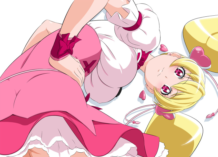 1girl, :3, bent_over, blonde_hair, breasts, cure_peach, earrings, fresh_precure!