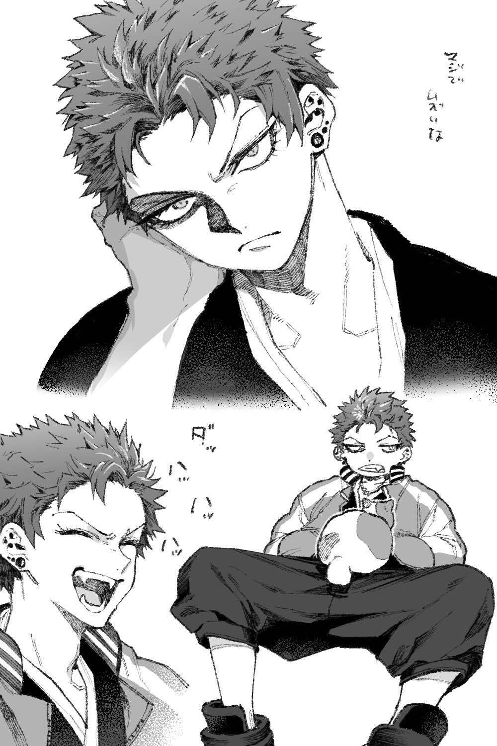 1boy, animal_on_lap, cat, cat_on_lap, clenched_teeth, closed_eyes, ear_piercing, eyelashes