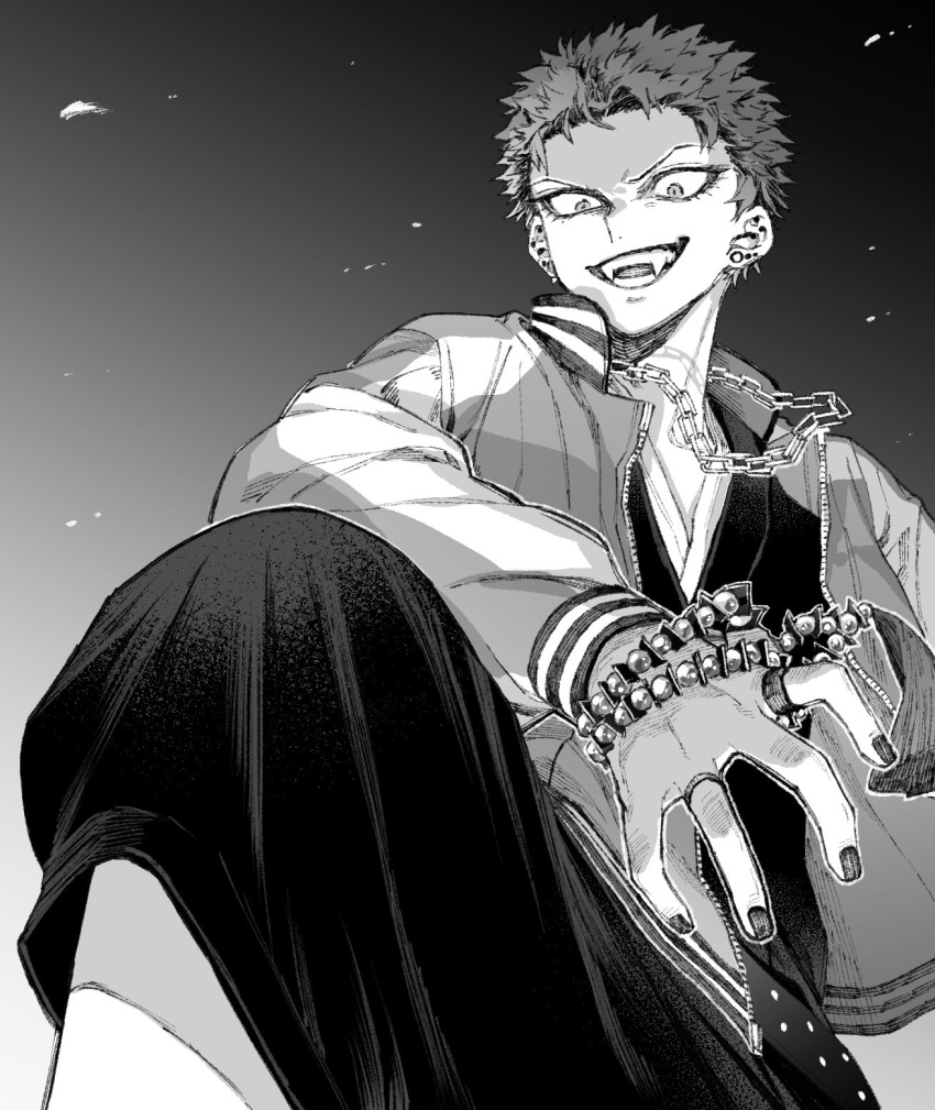 1boy, bracelet, chain, ear_piercing, fangs, greyscale, harai_kuuko, highres