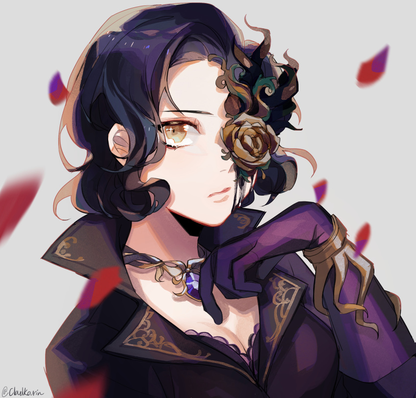 1girl, :/, arm_up, black_hair, black_jacket, bracelet, cloudkourin, collared_jacket