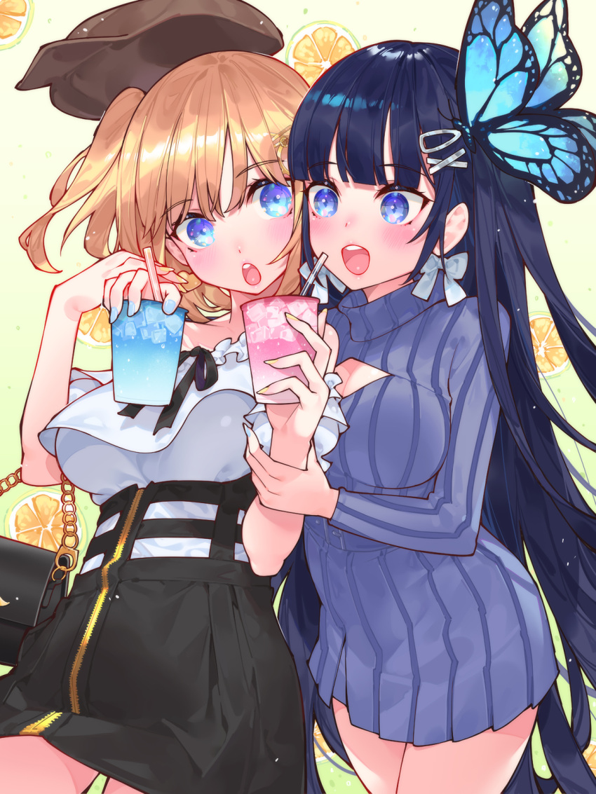 2girls, aoi_nabi, bag, black_skirt, blonde_hair, blue_eyes, blue_nails, blue_sweater