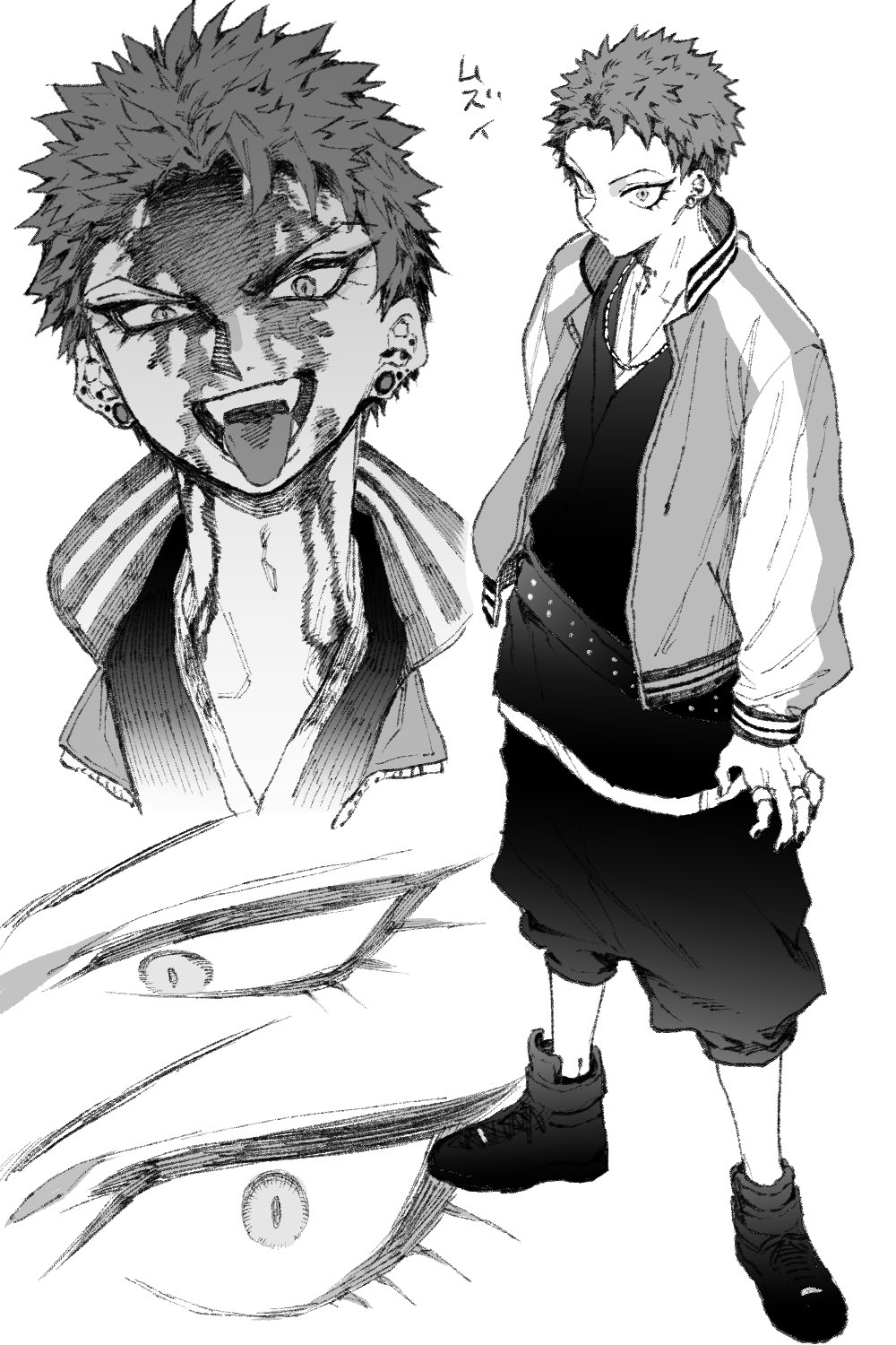 1boy, blood, blood_on_face, chain, closed_mouth, ear_piercing, eyelashes, fangs
