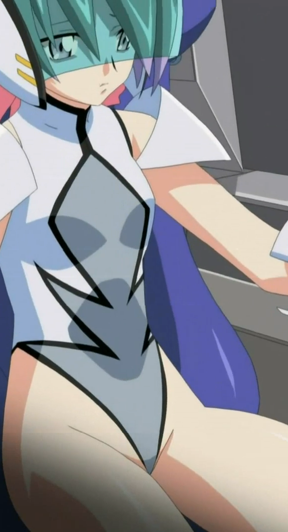 blue_eyes, godannar, helmet, lavender_hair, leotard, lou_roux