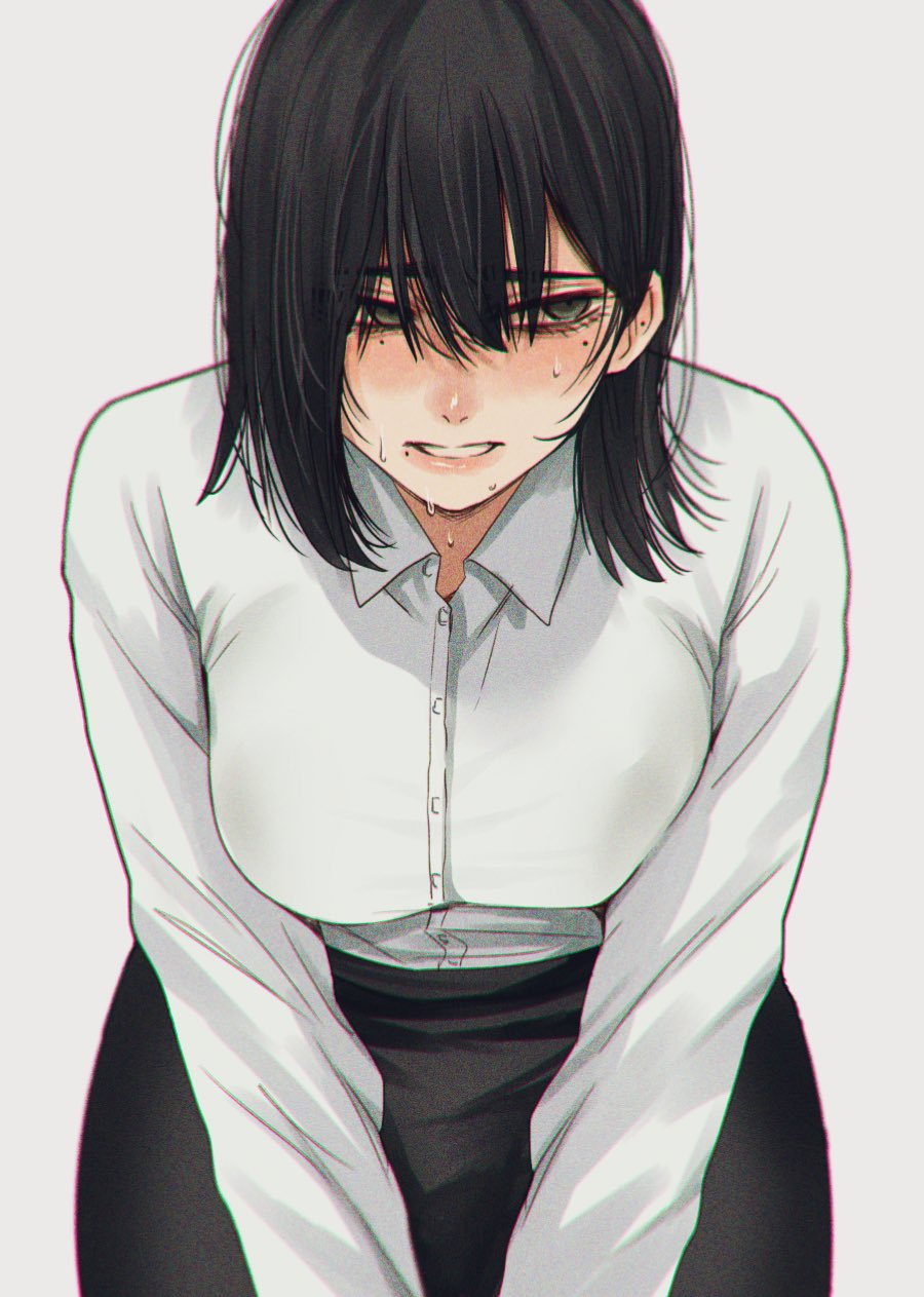1girl, black_hair, black_skirt, blush, breasts, collared_shirt, grey_eyes, highres, hoshi_san_3, large_breasts, leaning_forward, long_sleeves, looking_away, looking_to_the_side, medium_hair, mole, mole_on_ear, mole_under_mouth, office_lady, original, pencil_skirt, shirt, simple_background, skirt, solo, sweatdrop, white_background, white_shirt, wing_collar