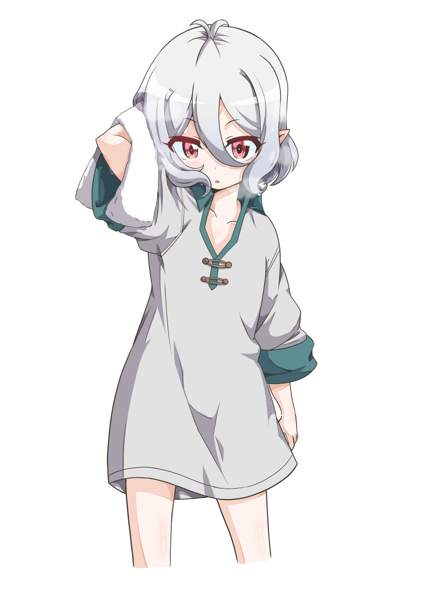 1girl, 9-san, absurdres, antenna_hair, arm_up, bangs, collarbone, commentary_request, drying, drying_hair, eyebrows_visible_through_hair, hair_between_eyes, highres, kokkoro_(princess_connect!), looking_at_viewer, oversized_clothes, pajamas, parted_lips, princess_connect!, red_eyes, short_hair, short_sleeves, sidelocks, silver_hair, simple_background, solo, towel, towel_on_head, white_background
