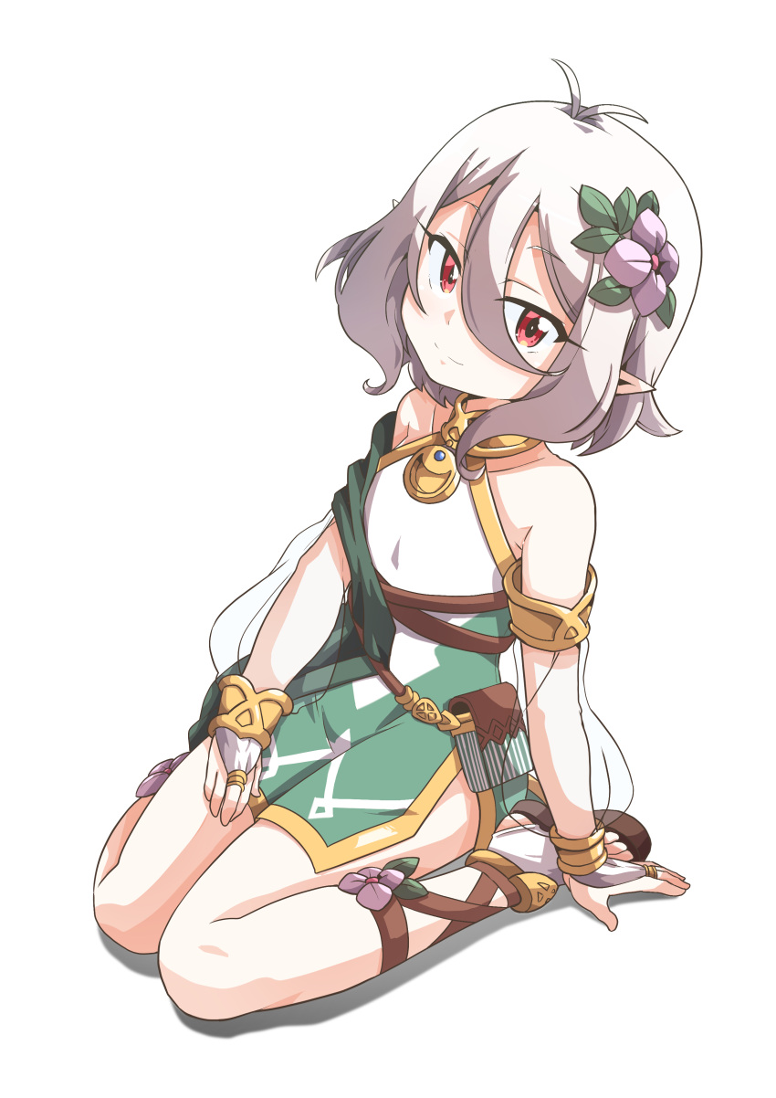 1girl, 9-san, absurdres, antenna_hair, bangs, collarbone, commentary_request, detached_sleeves, eyebrows_visible_through_hair, from_above, hair_between_eyes, highres, kokkoro_(princess_connect!), looking_at_viewer, looking_up, pointy_ears, princess_connect!, red_eyes, see-through_sleeves, short_hair, sidelocks, silver_hair, simple_background, sitting, smile, solo, wariza, white_background
