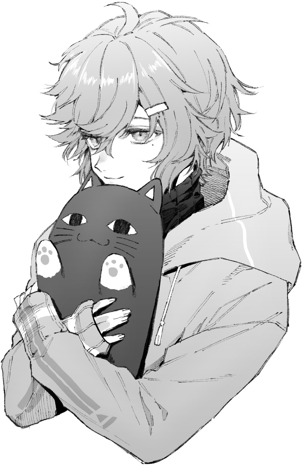 1boy, bangs, cropped_torso, greyscale, hair_between_eyes, hair_ornament, hairclip, highres