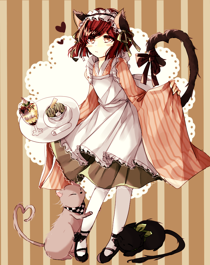1girl, alternate_costume, animal, animal_ears, apron, bangs, black_footwear, blush_stickers