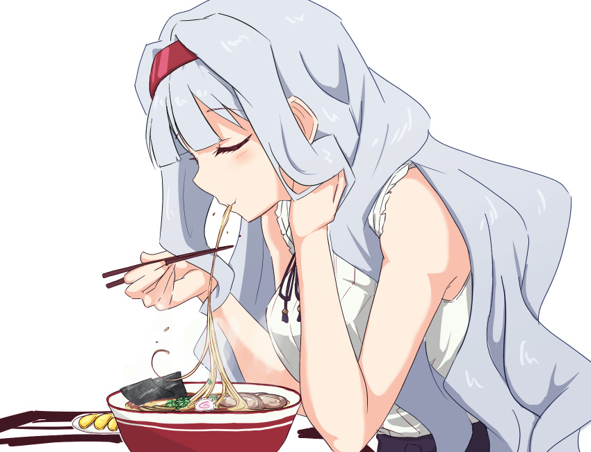 1girl, bangs, blunt_bangs, breasts, chopsticks, closed_eyes, eating, food