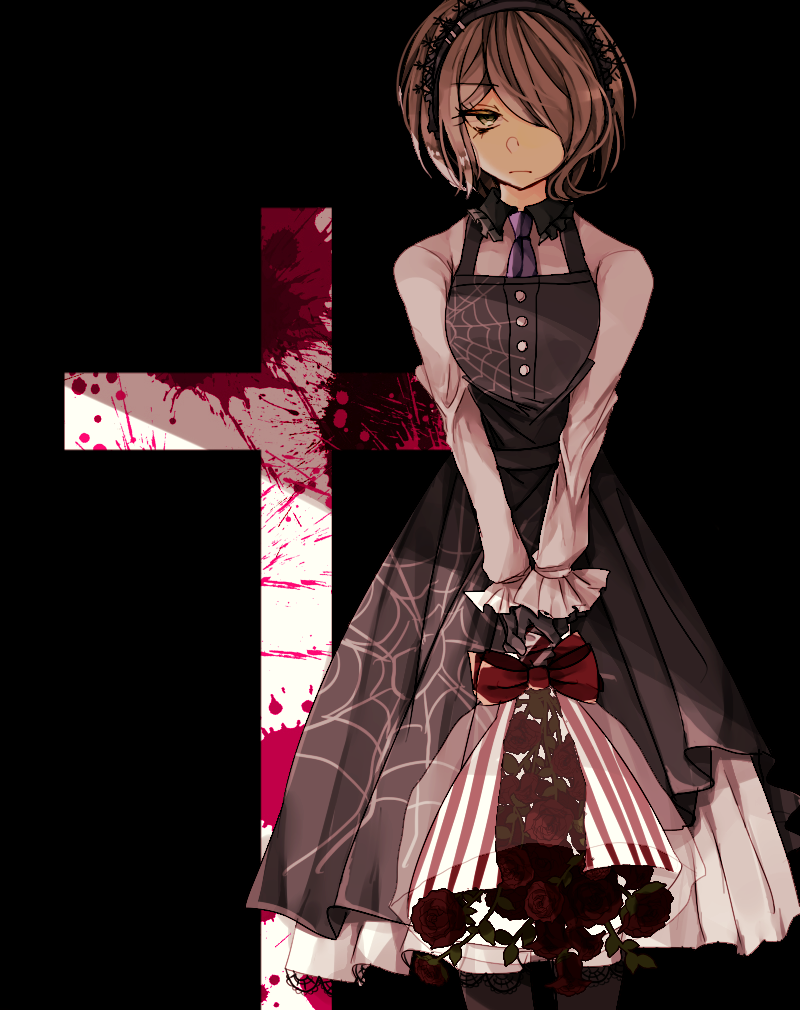 1girl, bangs, black_background, black_dress, black_gloves, black_legwear, blonde_hair, blood, blood_splatter, blue_neckwear, bow, commentary_request, dangan_ronpa_(series), dangan_ronpa_v3:_killing_harmony, dress, eyebrows_visible_through_hair, feet_out_of_frame, flower, gloves, gomabu_(rirurutennsi), green_eyes, hair_over_one_eye, holding, lace-trimmed_dress, lace_trim, long_sleeves, looking_at_viewer, maid_headdress, necktie, pantyhose, red_bow, red_flower, shirt, short_hair, simple_background, solo, spider_web_print, standing, toujou_kirumi, v_arms, white_shirt