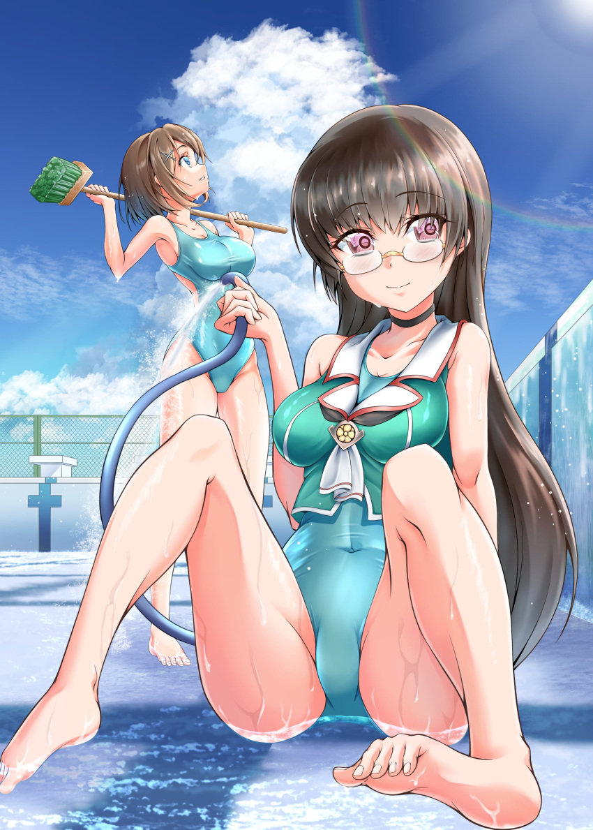 2girls, absurdres, aqua_swimsuit, ascot, barefoot, beret, black_hair, blue_eyes