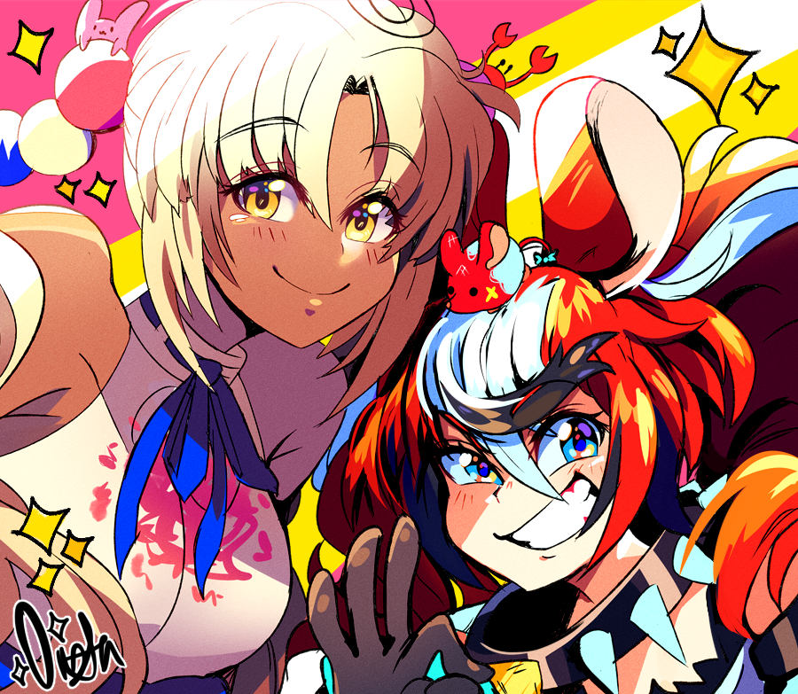 2girls, animal_ears, artist_name, bangs, bare_shoulders, black_hair, blonde_hair, blue_eyes
