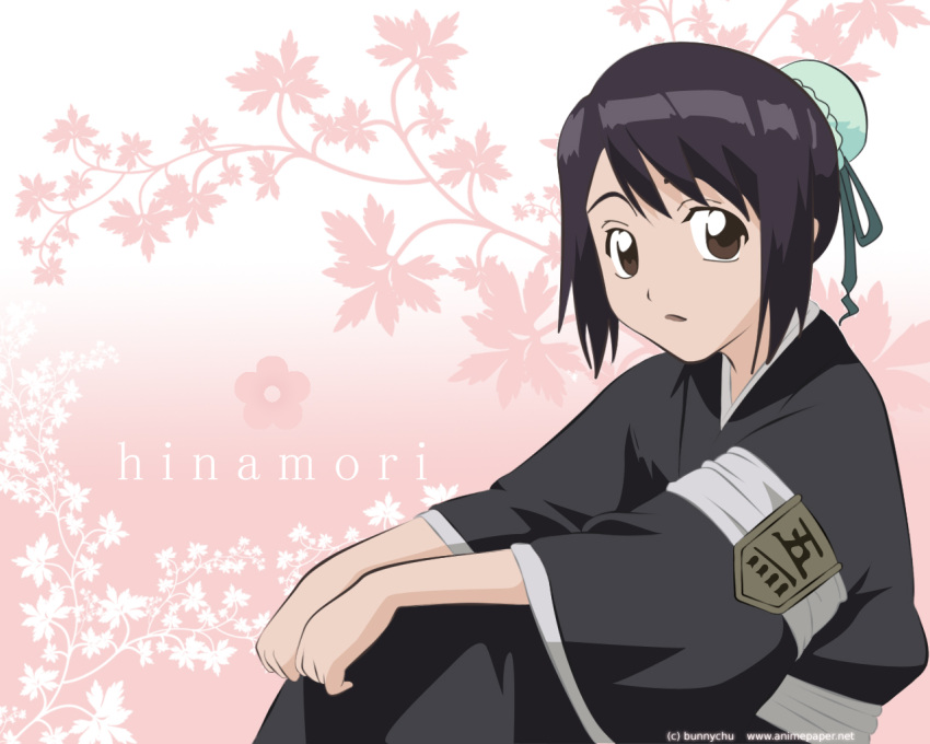 1girl, black_kimono, bleach, brown_eyes, brown_hair, bun_cover, floral_background, hairbun, hinamori_momo, lieutenant, looking_at_viewer, pink_background, ribbon, solo, tagme, text, vector, wallpaper