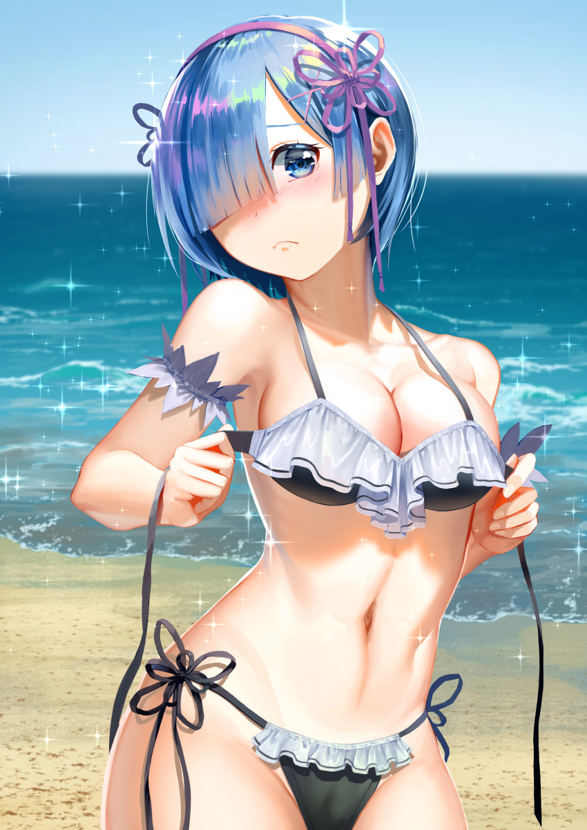 1girl, bangs, bare_arms, bare_shoulders, beach, bikini, blue_eyes, blue_hair