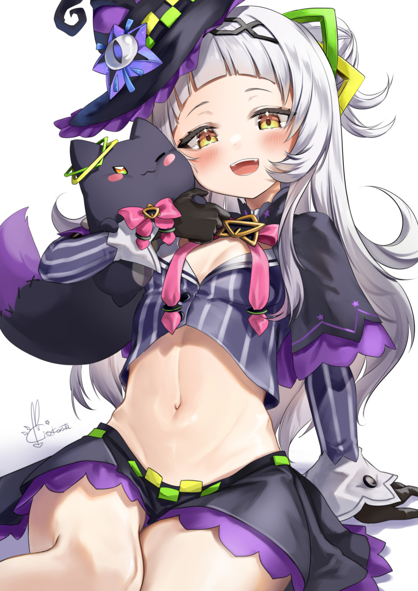1girl, :d, ;3, animal, arm_support, bangs, black_capelet, black_gloves, black_hairband, black_headwear, black_skirt, blunt_bangs, blush, breasts, capelet, cat, commentary_request, crop_top, gloves, hair_bun, hairband, hand_up, hat, highres, holding, holding_animal, holding_cat, hololive, kito_koruta, long_hair, long_sleeves, looking_at_viewer, midriff, miniskirt, murasaki_shion, navel, one_eye_closed, open_mouth, pinstripe_pattern, pinstripe_shirt, shiokko_(murasaki_shion), shirt, side_bun, signature, silver_hair, simple_background, sitting, skirt, small_breasts, smile, striped, tilted_headwear, virtual_youtuber, white_background, witch_hat