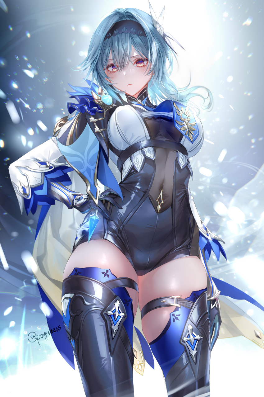 1girl, absurdres, arm_at_side, arm_guards, bangs, black_gloves, black_hairband, black_legwear