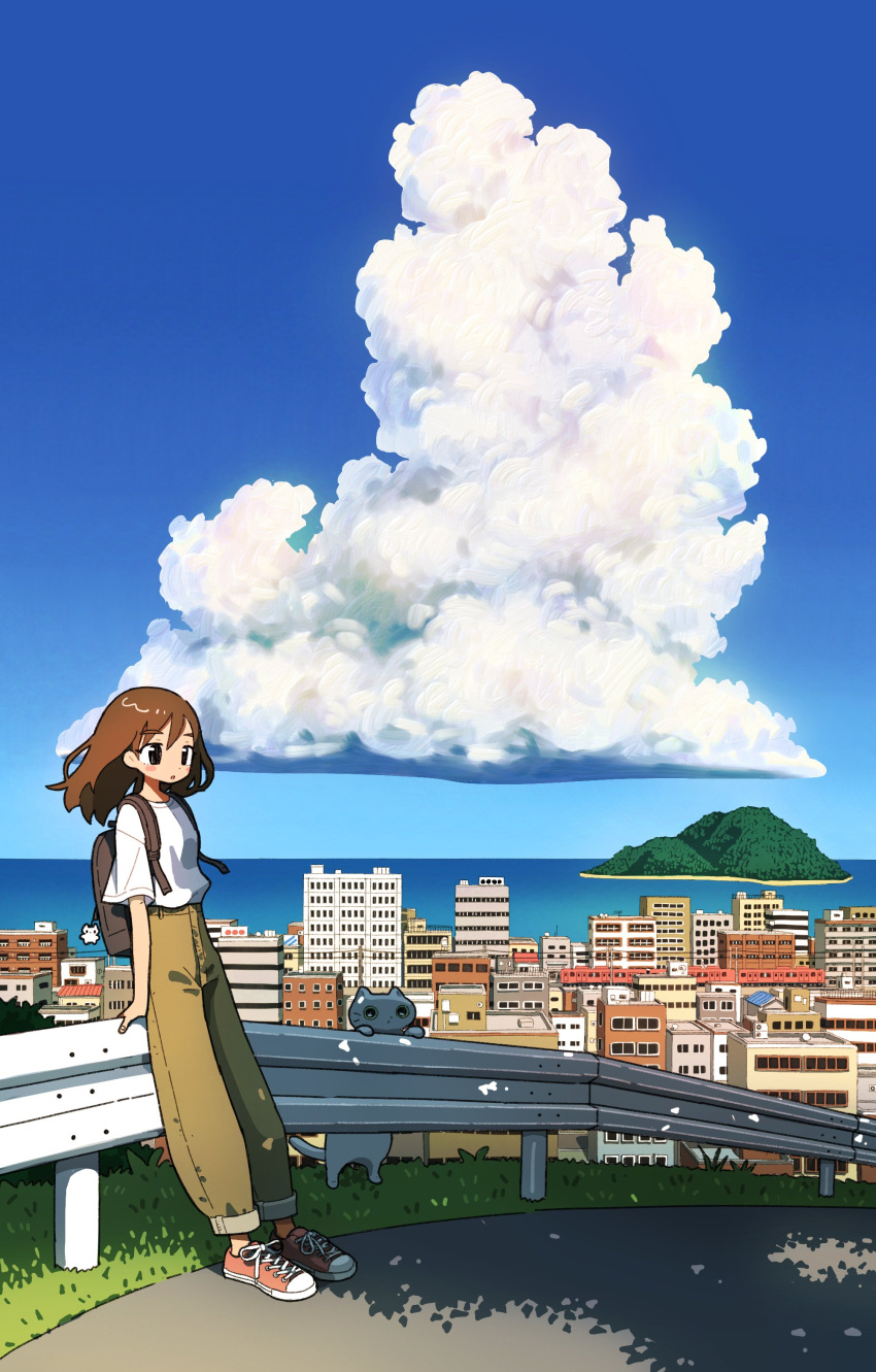 1girl, 1other, absurdres, bag, black_eyes, brown_hair, brown_pants, cat