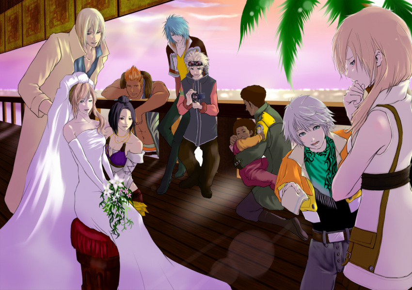 blonde_hair, blue_eyes, blue_hair, bouquet, bridal_veil, bride, brown_hair, camera, child, crossed_arms, dajh_katzroy, dress, elbow_gloves, everyone, exaudixxx, final_fantasy, final_fantasy_xiii, flower, gadot, gloves, goggles, green_eyes, handkerchief, hope_estheim, lebreau, lightning_(ff13), lightning_farron, long_hair, maqui, orange_hair, pink_hair, ponytail, sazh_katzroy, scarf, serah_farron, short_hair, side_ponytail, silver_hair, snow_villiers, veil, wedding, wedding_dress, yuj