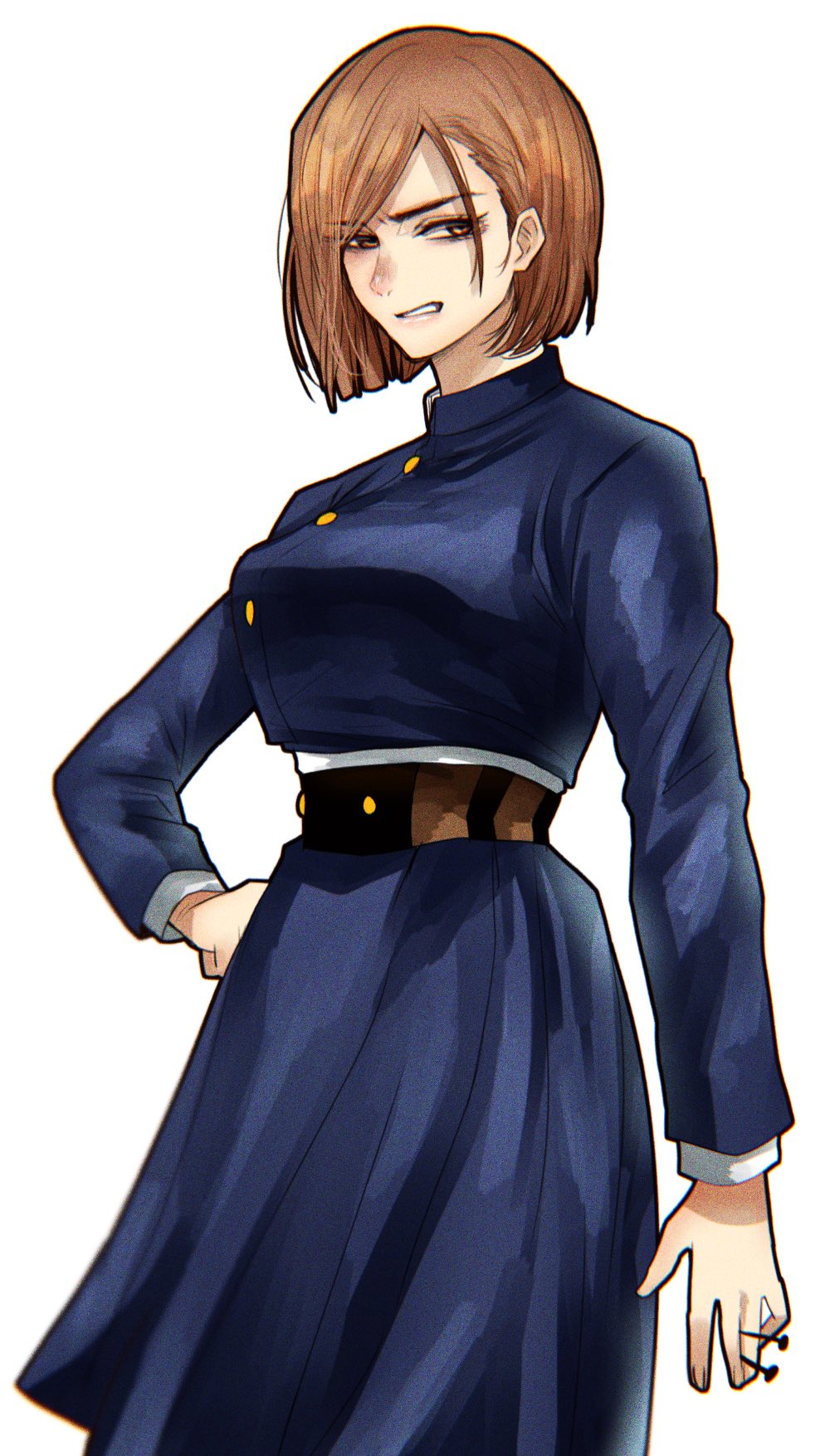 1girl, blue_jacket, blue_skirt, bob_cut, brown_eyes, brown_hair, buttons, clenched_teeth