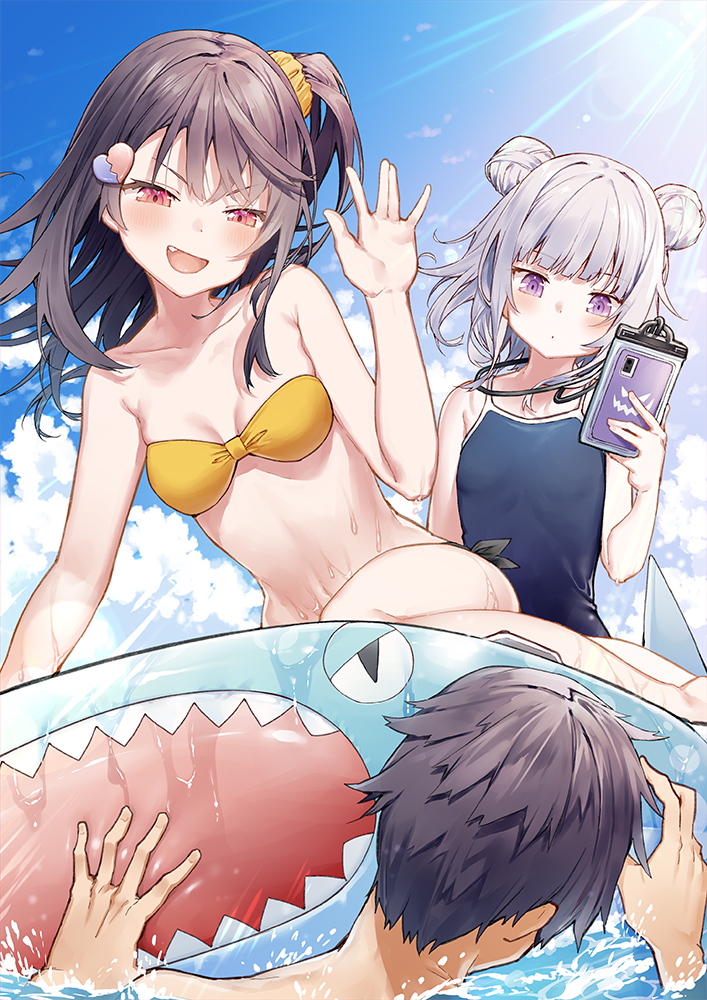 1boy, 2girls, :d, akizuki_kei, bare_arms, bare_shoulders, bikini, black_bikini