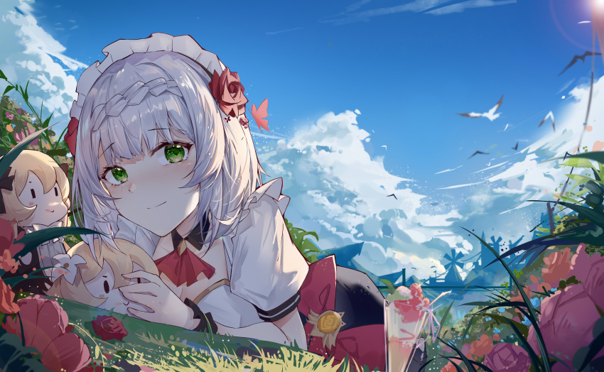 1girl, absurdres, ascot, bangs, blue_flower, blue_sky, blush, braid