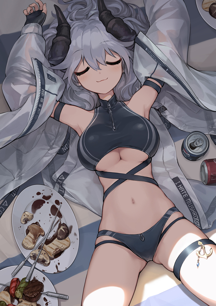 1girl, anchor_symbol, arm_strap, armpits, arms_up, asicah, bangs, bare_shoulders
