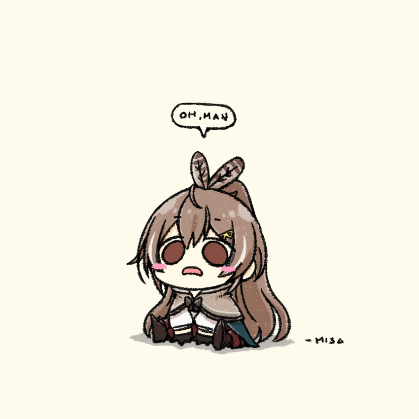 1girl, bangs, beige_background, blush, brown_cloak, brown_eyes, brown_hair, chibi